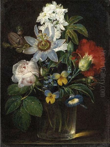 Roses, A Carnation, Forget-me-nots, Violets, Morning Glory, Passion Flower And Delphinium In A Glass Vase Oil Painting by Andreas Theodor Mattenheimer