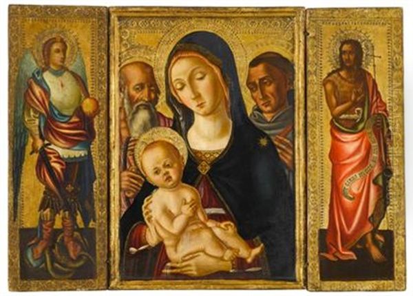 Virgin And Child With Saints, The Archangel Michael? And An Apostle (triptych) Oil Painting by (Matteo da Siena) Matteo di Giovanni di Bartolo