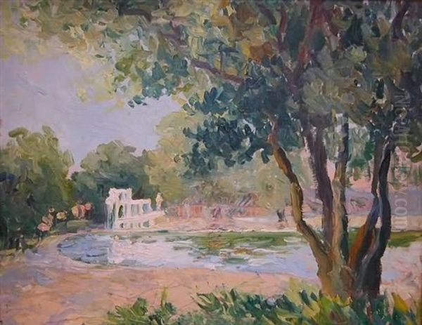 Impressionist Landscape With View Of Pond And Park Oil Painting by Walter Mattern