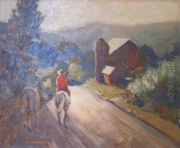 Landscape With Figures On Horseback Riding On Road With Barn Alongside Oil Painting by Walter Mattern