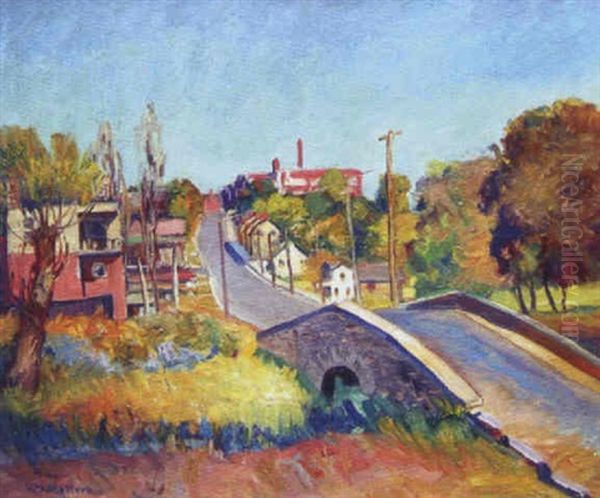 Autumn Landscape With Bridge And Town Oil Painting by Walter Mattern