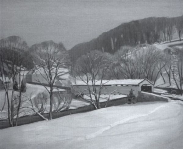 Winter Landscape With Covered Bridge And Farmhouse Oil Painting by Walter Mattern