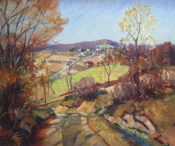 Autumn Landscape With View Of Valley And Farm Oil Painting by Walter Mattern