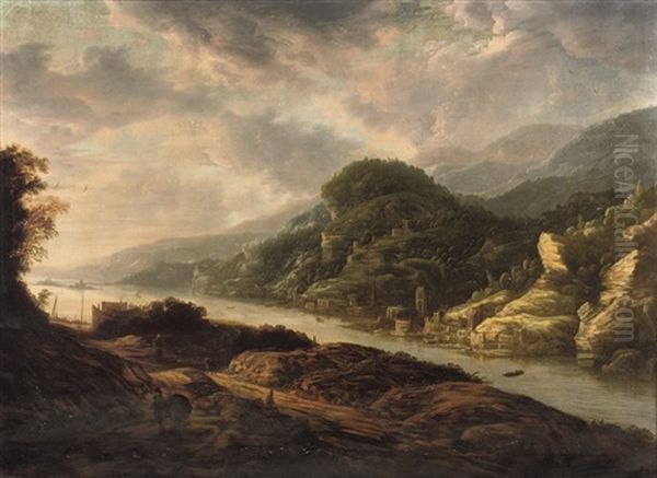 A River Landscape With Travellers On A Path And A Town Along The River Oil Painting by Cornelis Matteus