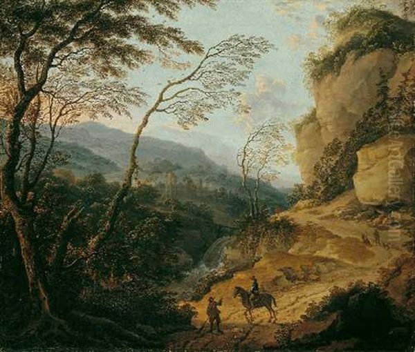 Gebirgslandschaft Mit Reitern Und Wanderern Oil Painting by Cornelis Matteus