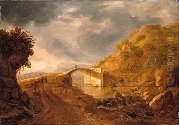 A Mountainous Evening Landscape With A Partially Ruined Bridge Crossing A River Oil Painting by Cornelis Matteus