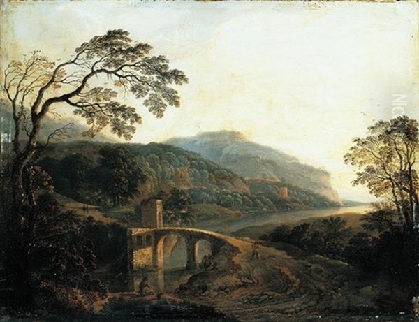 An Extensive River Landscape With A Fisherman Sitting Before A Bridge Oil Painting by Cornelis Matteus