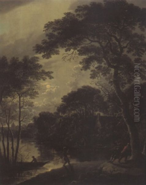 Mondlandschaft Mit Fischern Oil Painting by Cornelis Matteus