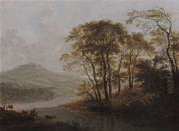 A Wooded River Landscape With A Shepherd And His Flock Resting Oil Painting by Cornelis Matteus