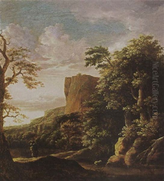 A Southern Wooded Landscape With A Traveller Near A Stream, Mountains Beyond Oil Painting by Cornelis Matteus