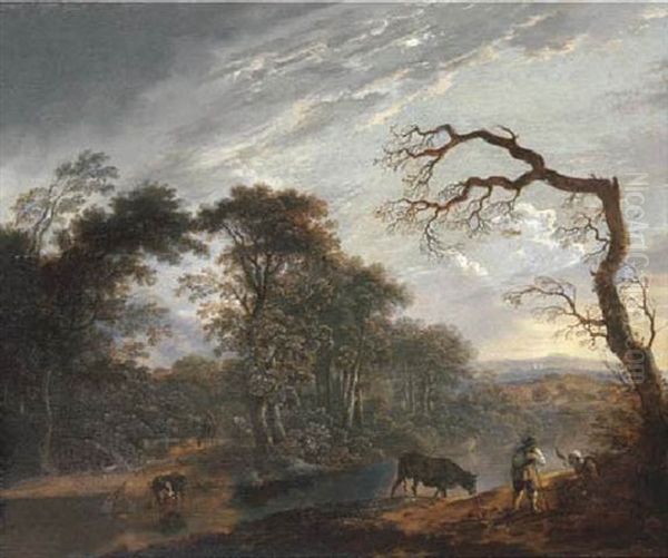 An Italianate River Landscape With A Herdsman And Cattle By A Ford by Cornelis Matteus