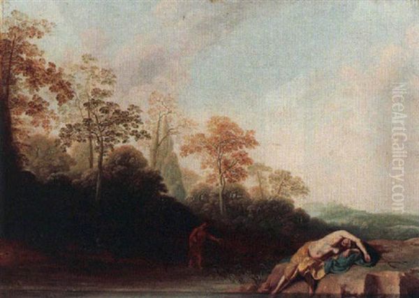 A Wooded Landscape With Diana Resting Near A River Oil Painting by Cornelis Matteus