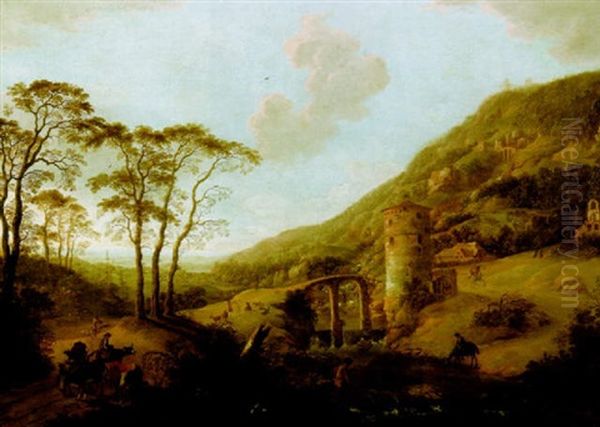 An Extensive Wooded River Landscape With A Stone Bridge And Travellers Oil Painting by Cornelis Matteus