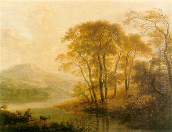 A Wooded River Landscape With An Angler Oil Painting by Cornelis Matteus