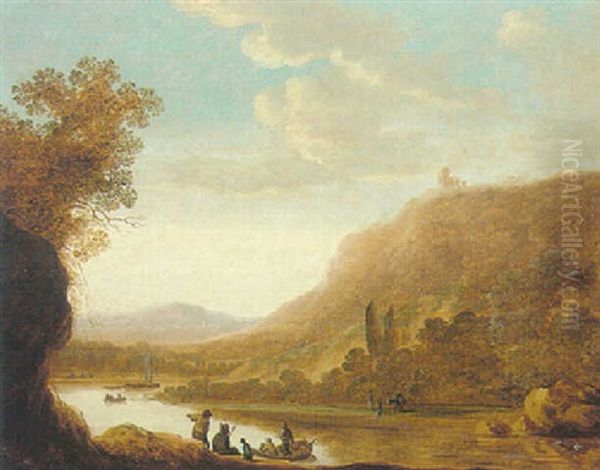 A Rocky River Landscape With Fishermen And Other Figures Conversing On A Bank Oil Painting by Cornelis Matteus