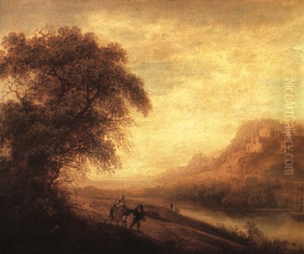 Wooded River Landscape With The Flight Into Egypt Oil Painting by Cornelis Matteus