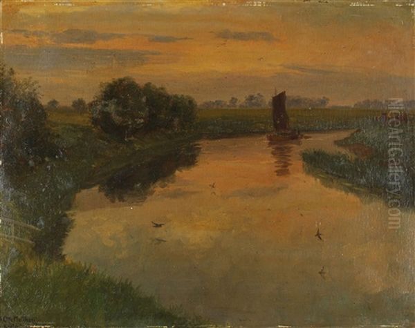 Flussbiegung Mit Segelboot Bei Sonnenenaufgang by Otto (Karl O.) Matthaei