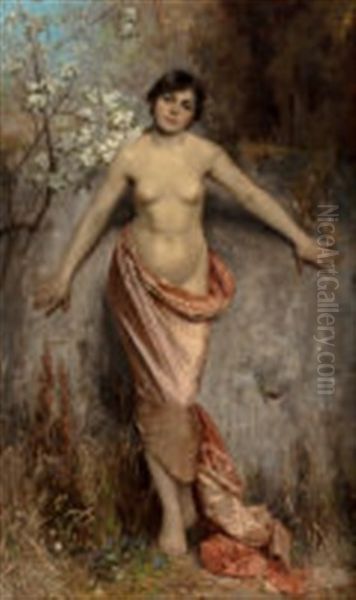 Nude Draped In Pink Oil Painting by Theodor Matthei