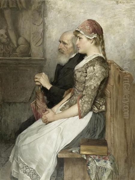 Madchen Mit Alterem Herrn Auf Einer Kirchbank Oil Painting by Theodor Matthei