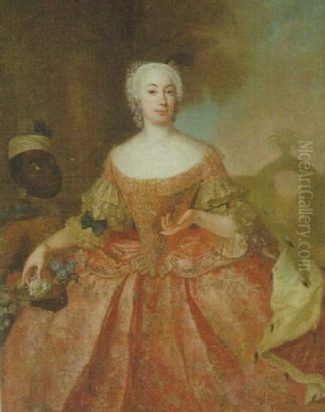 Portrait Of Princess Sophie Friedrich Albertine Of Anhalt, Holding A Basket Of Flowers, A Moor Beside Oil Painting by Ludovica Matthieu