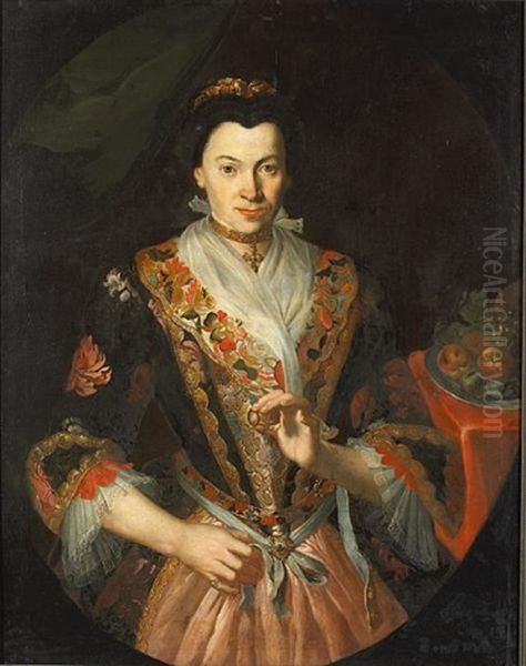 A Portrait Of A Lady, Half-length, Wearing An Embroidered Gown, Holding A Ring Oil Painting by Rosina Christiana Ludovica Matthieu