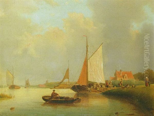 A River Landscape With Peasants Unloading A Sailing Vessel Oil Painting by Gerarda Henriette Matthyssen