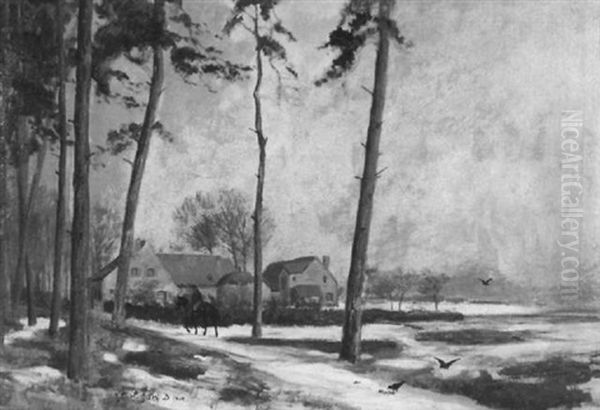 Gutshof In Winterlandschaft Mit Reiter Oil Painting by Erich Friedrich Karl Mattschass