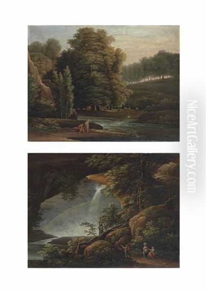 A Wooded Landscape With Shepherds And Their Flock By A Stream; A Rocky Wooded Landscape With Travellers Resting By A Waterfall (pair) Oil Painting by Fedor Mikhailovich Matveev