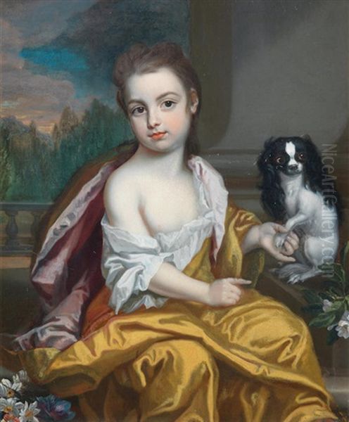 Portrait Of Girl Three-quarter Length, Seated Beside A Dog Oil Painting by James Maubert