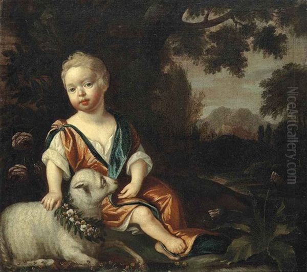 Portrait Of A Boy, With A Lamb, Seated In A River Landscape Oil Painting by James Maubert