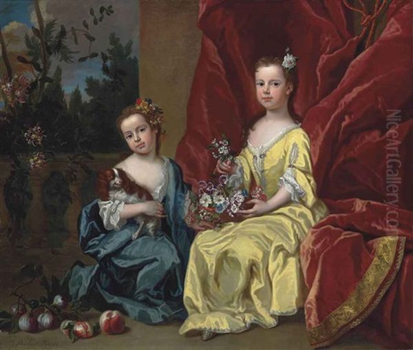 Portrait Of Catherine Sancroft (c. 1716-1780) And Her Sister Elizabeth (1714-1788), Full-length, The Former In A Blue Dress Holding A Spaniel... Oil Painting by James Maubert