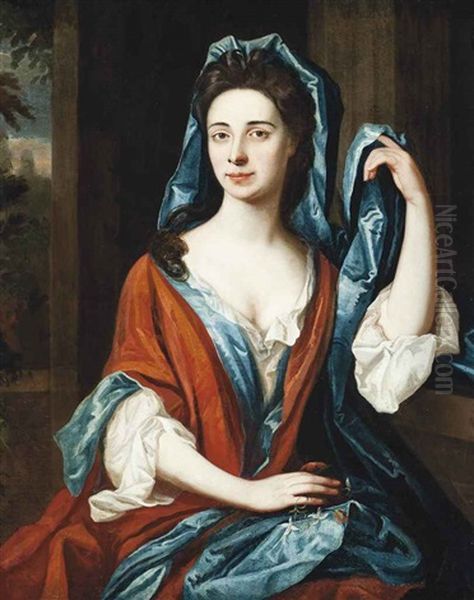 Portrait Of A Lady, Traditionally Identified As Eleanor Preston, Half-length, In A Blue Dress And Red Wrap, A Landscape Beyond Oil Painting by James Maubert