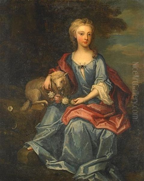 A Portrait Of A Young Boy, Full-length, With A Parrot (+ A Portrait Of A Young Girl With A Lamb; Pair) Oil Painting by James Maubert