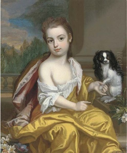 Portrait Of A Girl, Three-quarter-length, In A Yellow Dress With Pink Lining, Holding The Paw Of A Toy Spaniel To Her Left, A Column And Landscape Beyond Oil Painting by James Maubert