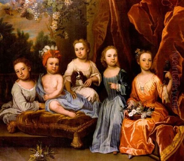 A Portrait Group Of The Smith Children On A Terrace With A Spaniel, Basket Of Flowers And A Parakeet Oil Painting by James Maubert