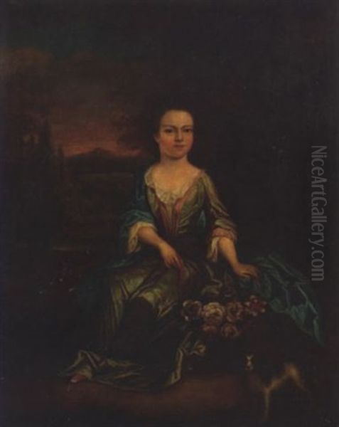 Portrait Of A Young Girl In A Green Dress Beside A Basket Of Flowers And A Spaniel With A Wooded River Landscape Beyond Oil Painting by James Maubert