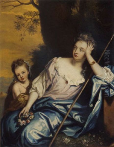 Portrait Of A Mother And Child As A Shepherdess, In A Landscape Oil Painting by James Maubert