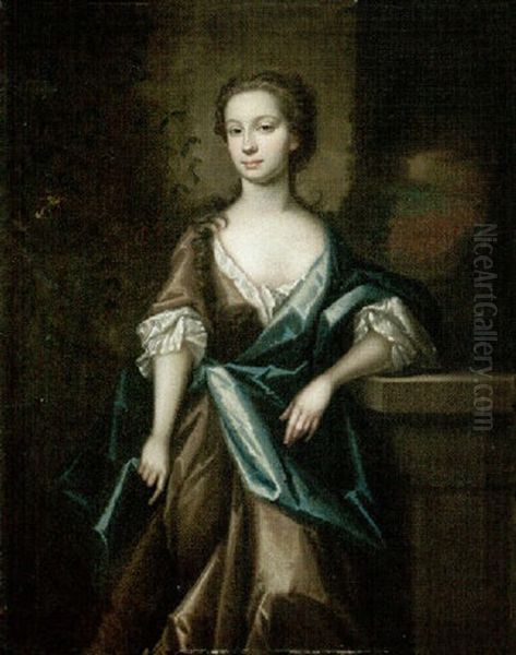 Portrait Of A Lady Wearing A Grey Silk Dress And Blue Robes With A Landscape Beyond Oil Painting by James Maubert