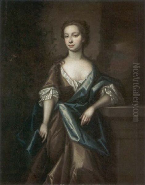 Portrait Of A Lady Wearing A Grey Silk Dress And Blue Robes Oil Painting by James Maubert