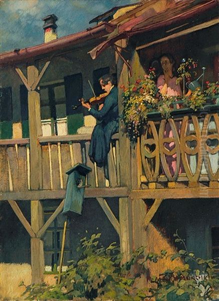 Geiger Auf Dem Balkon, Belauscht Von Der Nachbarin Oil Painting by Richard Mauch