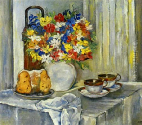 Stilleben Mit Blumenvase, Tassen Und Kuchen Oil Painting by Richard Mauch