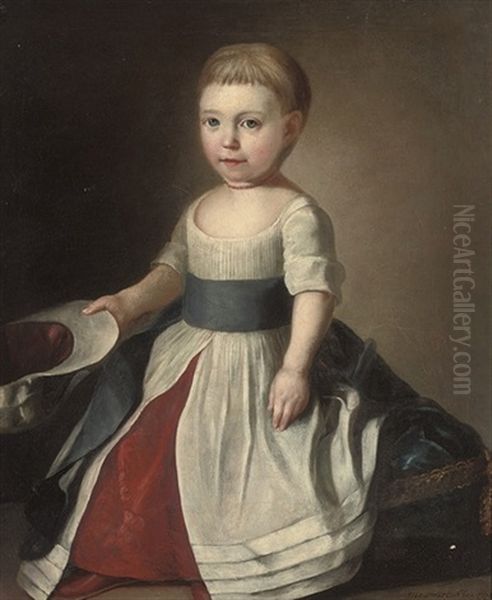 Portrait Of A Young Girl, In A White And Red Dress Oil Painting by Charles Maucourt