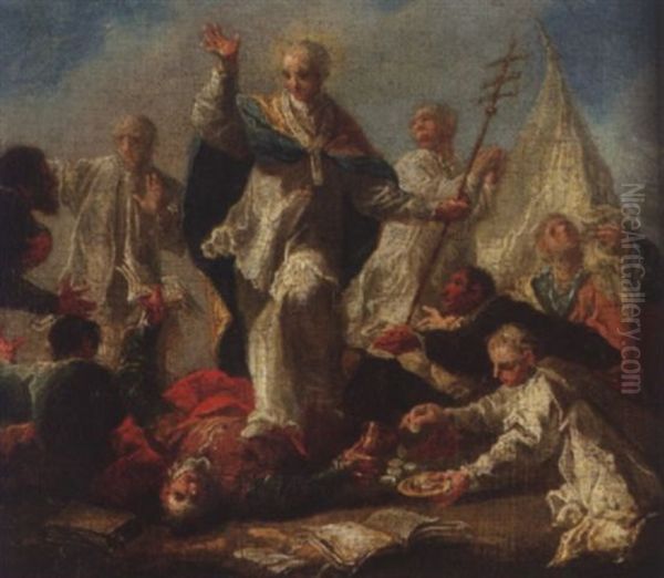 A Bishop Saint Administering The Last Rites To A Fallen Soldier Oil Painting by Franz Anton Maulbertsch