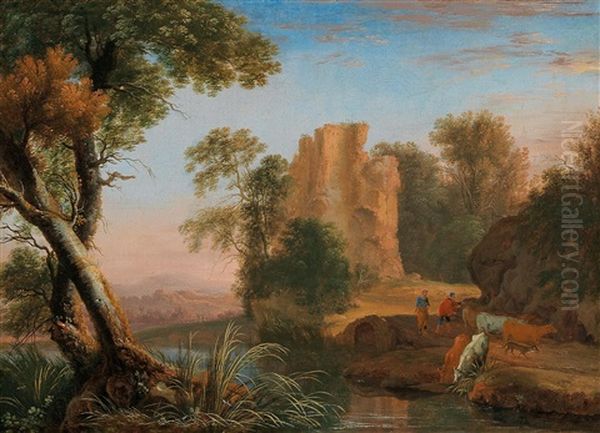 A Campagna Landscape With Shepherds And Their Flock By A Stream by Henri de Mauperche