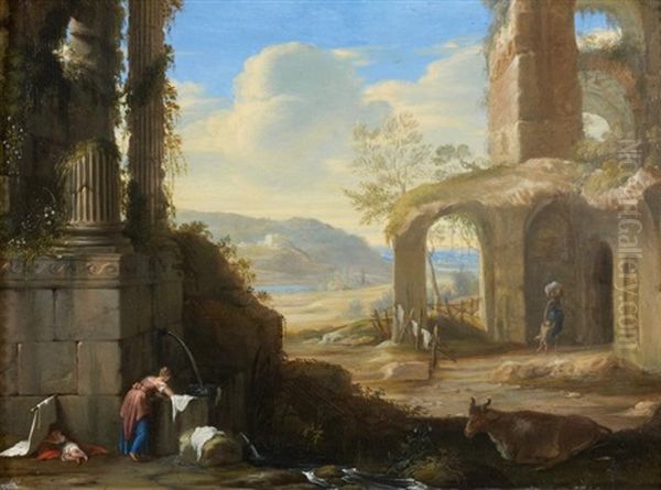 Lavandieres Dans Un Paysage De Ruines Classiques Oil Painting by Henri de Mauperche