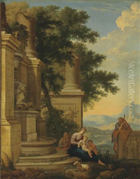 An Extensive Landscape With The Holy Family, Saints Anne And John The Baptist By Classical Ruins Oil Painting by Henri de Mauperche