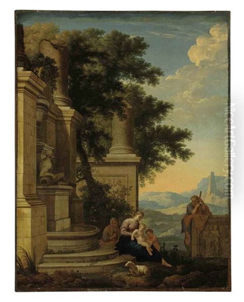 An Extensive Landscape With The Holy Family, Saint Anne And John The Baptist By Classical Ruins Oil Painting by Henri de Mauperche