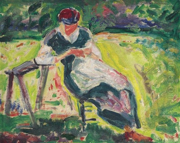 Figure In Landscape Oil Painting by Alfred Henry Maurer