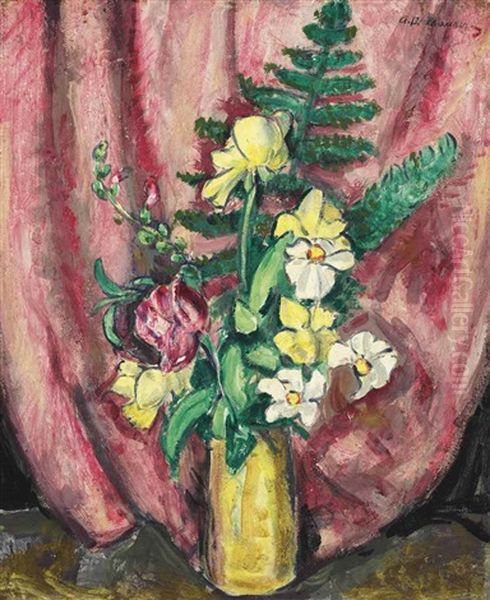 Floral Still Life (yellow Vase And Pink Curtains) Oil Painting by Alfred Henry Maurer