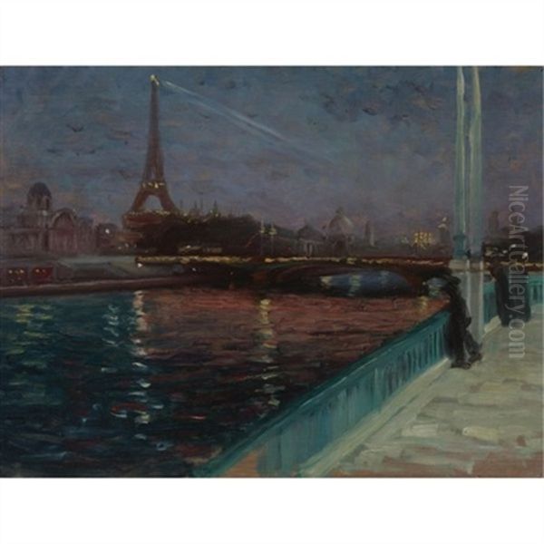 The Eiffel Tower At Night (+ A Small Sketch, Verso) Oil Painting by Alfred Henry Maurer